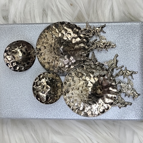 Earrings Retro 80's Tarnished Silver Tone Statement Angel Fringe Eclectic Unique - Picture 1 of 5